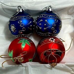 Vintage Christmas Ornaments Lot of 4 Designer 4” Blue Red